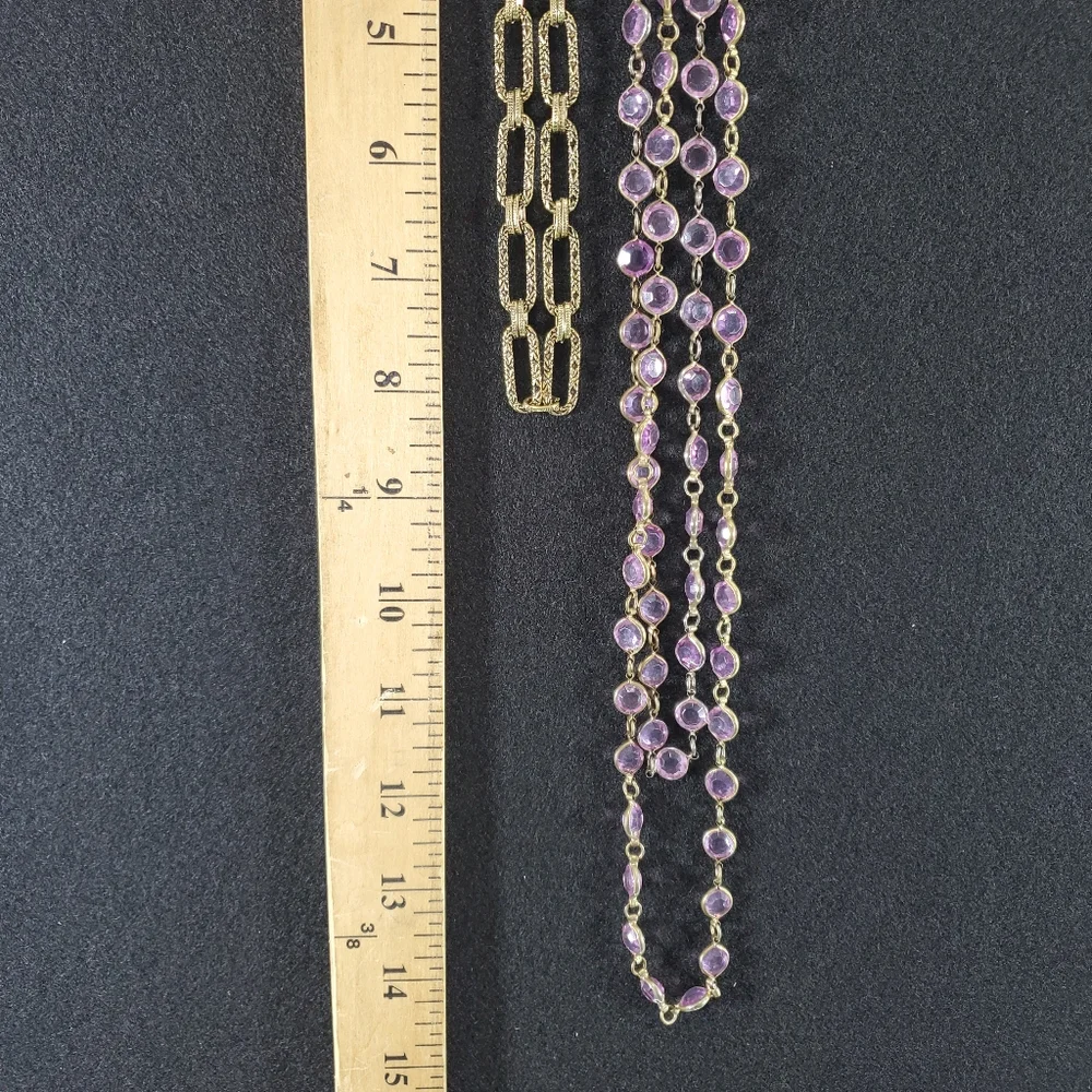 Necklace Bundle of 3 Faux Amethyst Long Rectangle Textured Gold Chain Choker